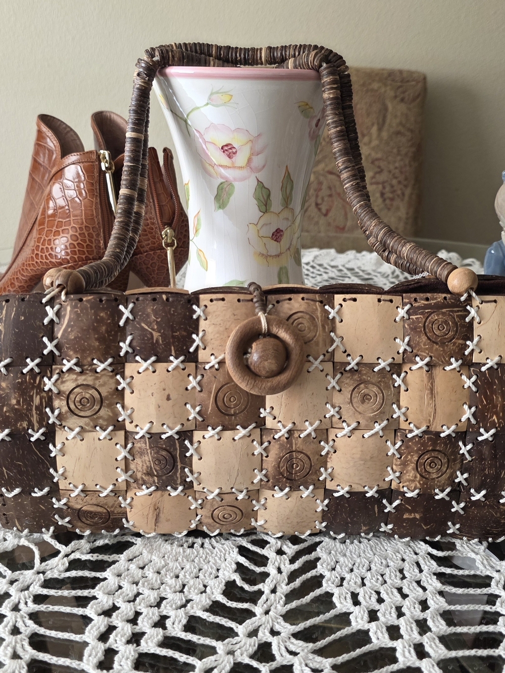 Coconut Shell Checkerboard Handbag Wooden Beaded Handle Boho Artisan Purse - Picture 2 of 8